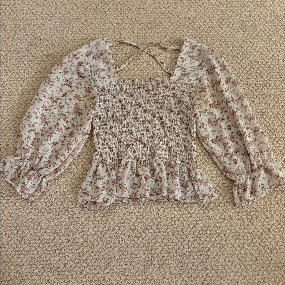 Floral Smocked Blouse - Cream and Pink